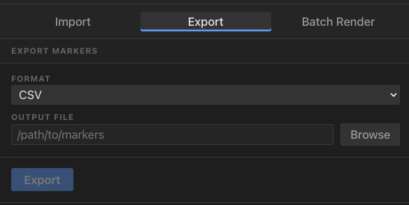Export Markers panel with format and output options